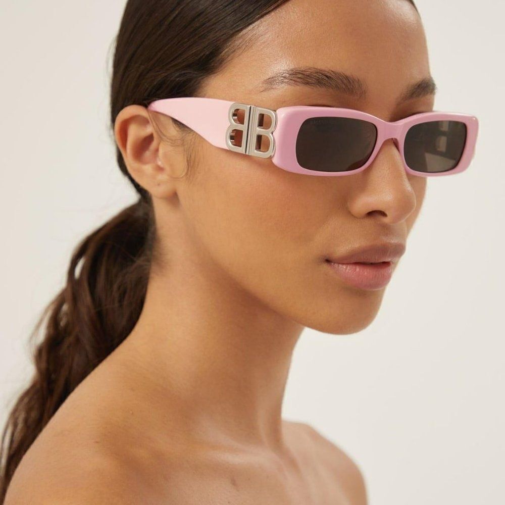 NEW Balenciaga BB0096S 012 Pink Silver Logo Grey Rectangle Unisex Sunglasses - Picture 5 of 13